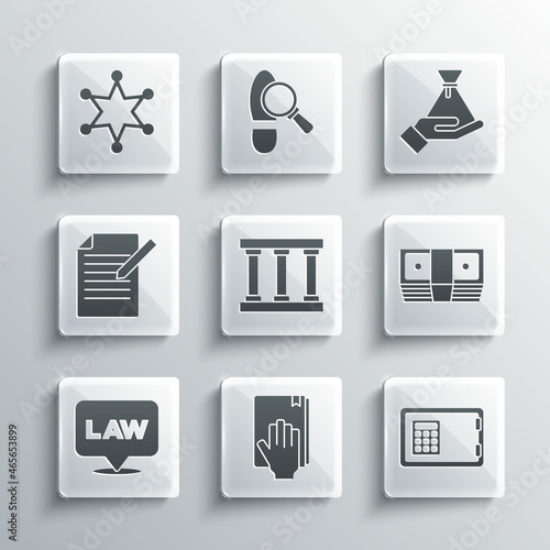 Set Oath on the Holy Bible, Safe, Bribe money cash, Prison window, Location law, Document and pen, Hexagram sheriff and bag icon. Vector