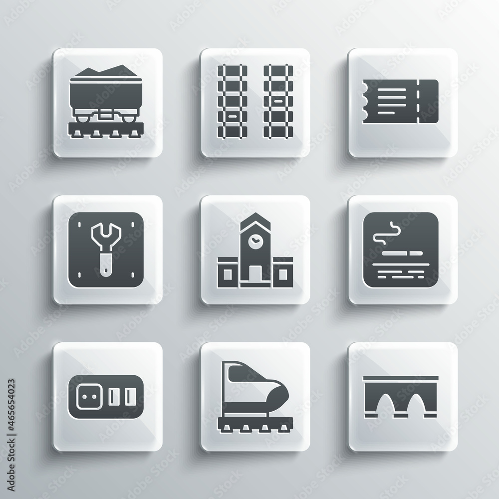 Set High-speed train, Bridge for, Smoking area, Railway station, Electrical outlet, Repair of railway, Coal wagon and Train ticket icon. Vector Set High-speed train, Bridge for, Smoking area, Railway station, Electrical outlet, Repair of railway, Coal wagon and Train ticket icon. Vector