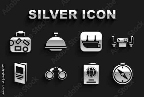 Set Binoculars, Poker table, Compass, Passport, Brochure, Lifeboat, Suitcase and Covered with tray icon. Vector