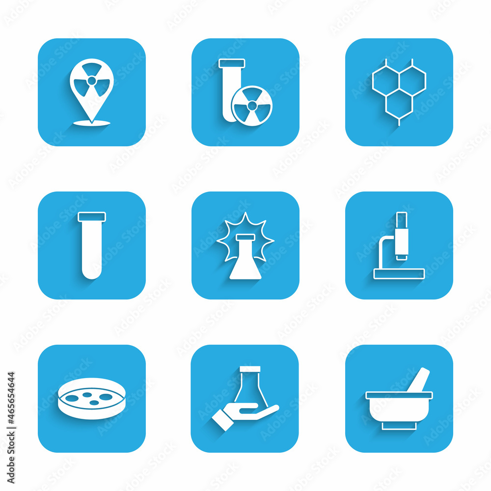 Set Chemical explosion, Test tube and flask, Mortar pestle, Microscope, Petri dish with bacteria, formula and Radioactive in location icon. Vector Set Chemical explosion, Test tube and flask, Mortar pestle, Microscope, Petri dish with bacteria, formula and Radioactive in location icon. Vector