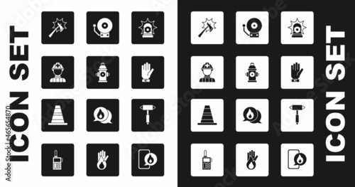 Set Flasher siren, Fire hydrant, Firefighter, axe, gloves, Ringing alarm bell, and Traffic cone icon. Vector