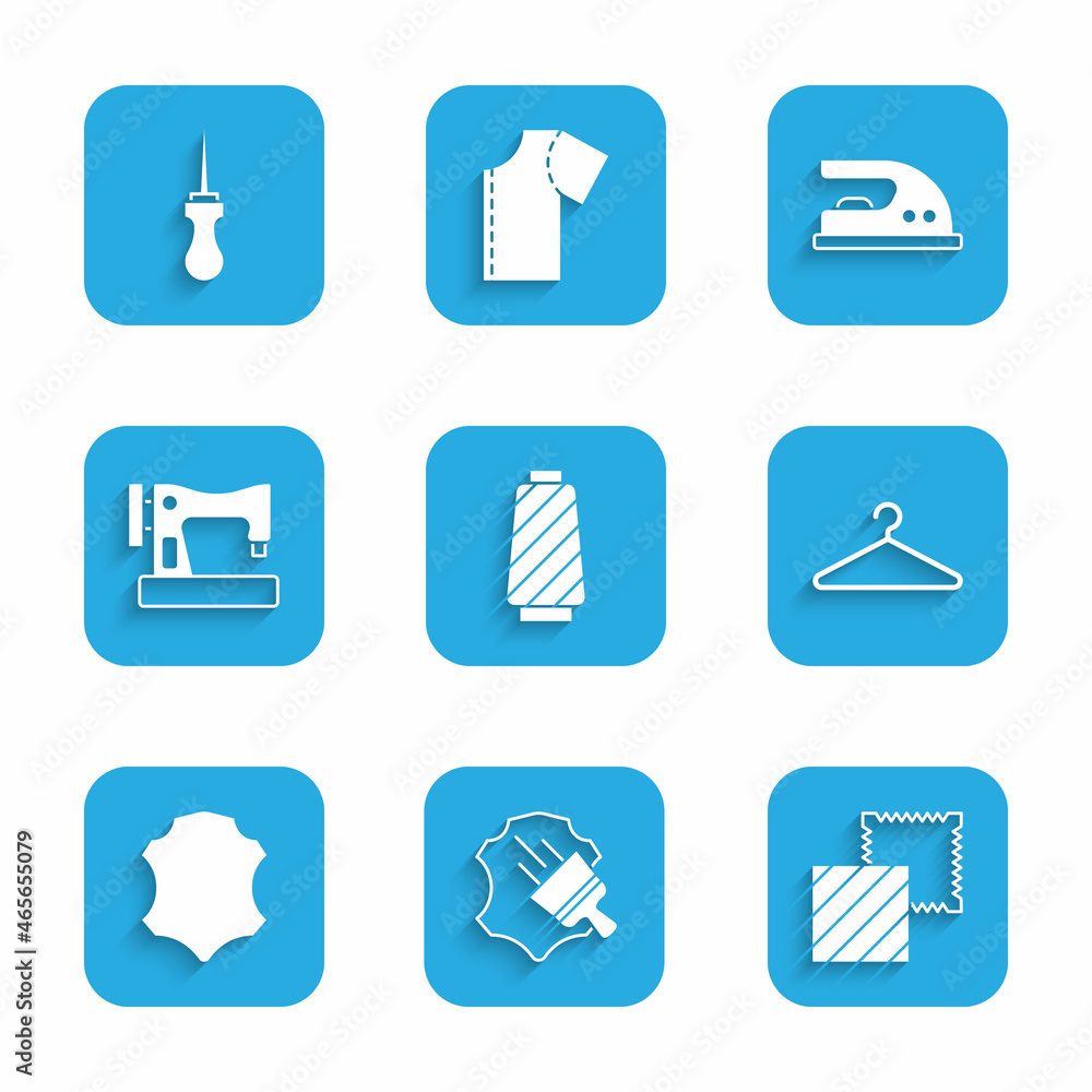 Set Sewing thread on spool, Leather, Textile fabric roll, Hanger wardrobe, machine, Electric iron and Awl tool icon. Vector Set Sewing thread on spool, Leather, Textile fabric roll, Hanger wardrobe, machine, Electric iron and Awl tool icon. Vector