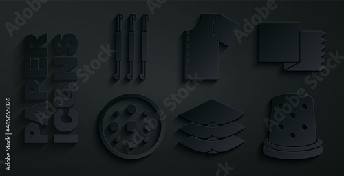Set Layers clothing textile, Textile fabric roll, Sewing button, Thimble for sewing, pattern and Crochet hook icon. Vector
