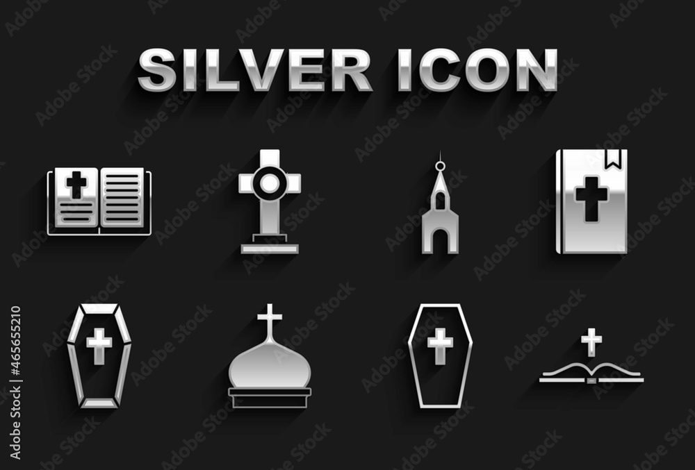 Set Church tower, Holy bible book, Coffin with cross, building, and Grave icon. Vector Set Church tower, Holy bible book, Coffin with cross, building, and Grave icon. Vector