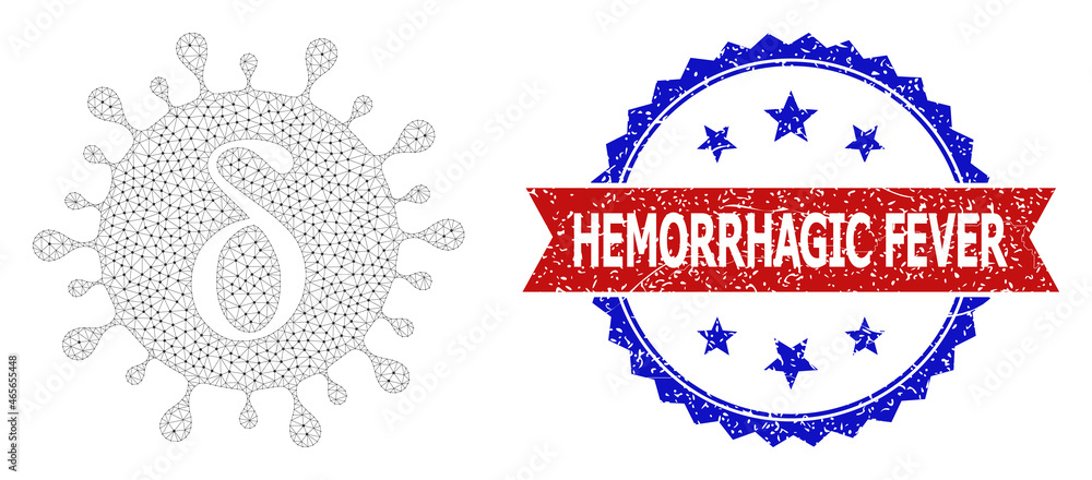 Hemorrhagic Fever rubber seal print, and Delta covid virus icon network model. Red and blue bicolor stamp seal contains Hemorrhagic Fever tag inside ribbon and rosette. Hemorrhagic Fever rubber seal print, and Delta covid virus icon network model. Red and blue bicolor stamp seal contains Hemorrhagic Fever tag inside ribbon and rosette.