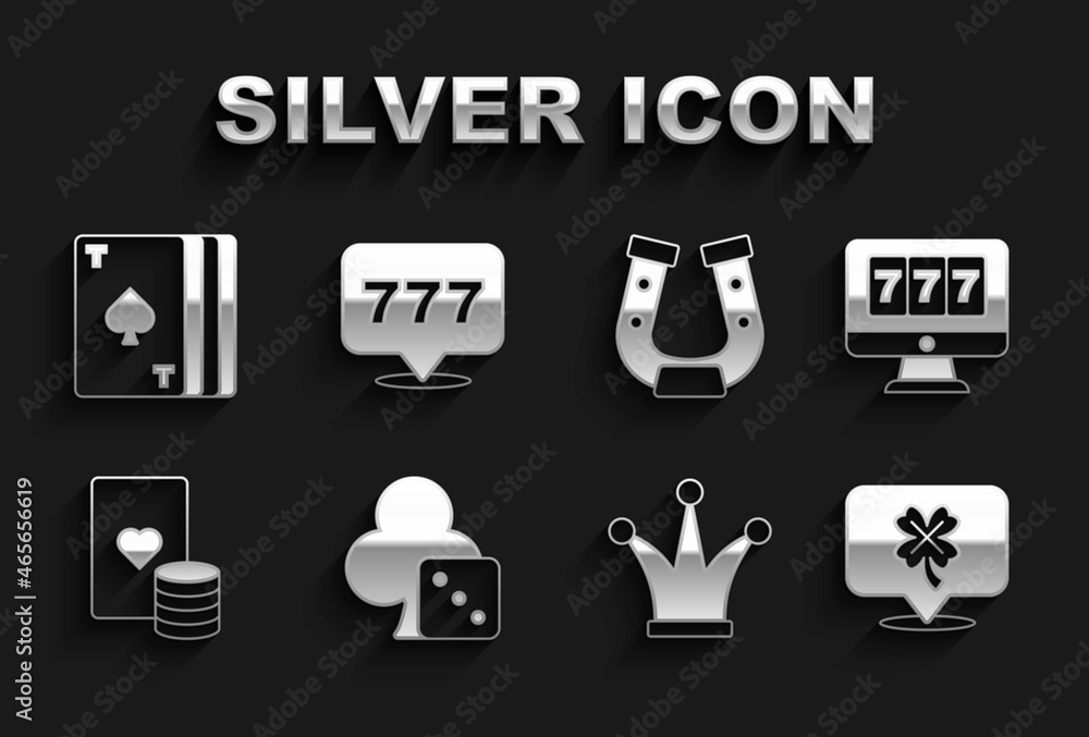 Set Game dice, Online slot machine with jackpot, Casino clover, Joker playing card, chip and cards, Horseshoe, Deck of and Slot icon. Vector Set Game dice, Online slot machine with jackpot, Casino clover, Joker playing card, chip and cards, Horseshoe, Deck of and Slot icon. Vector