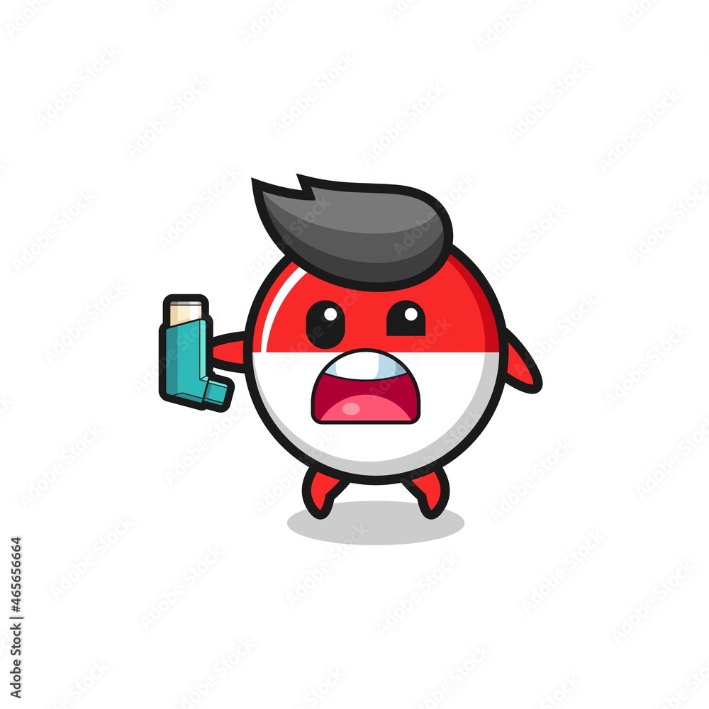 indonesia flag mascot having asthma while holding the inhaler