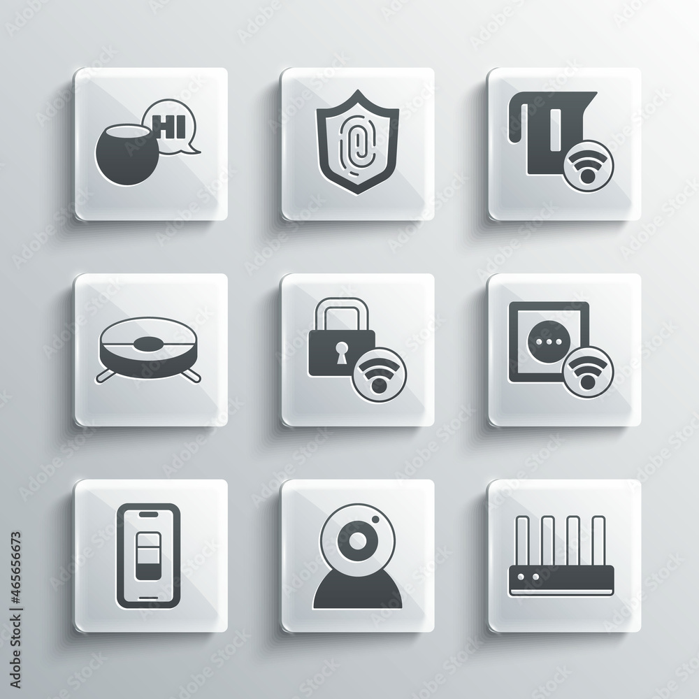 Set Web camera, Router and wi-fi signal, Smart electrical outlet, Digital door lock, Smartphone battery charge, Robot vacuum cleaner, Voice assistant and kettle icon. Vector Set Web camera, Router and wi-fi signal, Smart electrical outlet, Digital door lock, Smartphone battery charge, Robot vacuum cleaner, Voice assistant and kettle icon. Vector