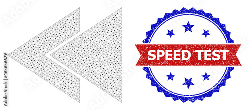Speed Test rubber watermark, and fast back rewind icon mesh model. Red and blue bicolor stamp has Speed Test title inside ribbon and rosette. Abstract flat mesh fast back rewind, built from flat mesh.