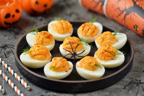 Stuffed eggs looks like pumpkins funny idea for party food. Halloween food.