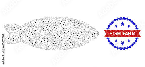 Fish Farm grunge seal imitation, and fish icon mesh structure. Red and blue bicolor seal includes Fish Farm text inside ribbon and rosette. Abstract 2d mesh fish, designed with flat mesh.