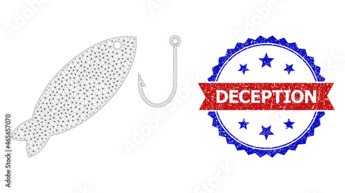 Deception unclean stamp seal, and fishing icon mesh model. Red and blue bicolored stamp seal contains Deception text inside ribbon and rosette. Abstract 2d mesh fishing, built from triangles. photo