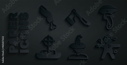 Set Witch, Psilocybin mushroom, Tombstone with cross, Voodoo doll, Wooden axe and Zombie finger icon. Vector