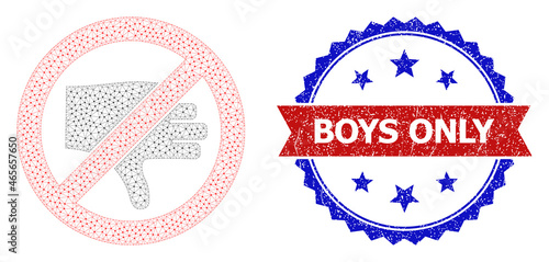 Boys Only rubber watermark, and forbidden thumb down icon mesh structure. Red and blue bicolored seal includes Boys Only text inside ribbon and rosette. Abstract 2d mesh forbidden thumb down,