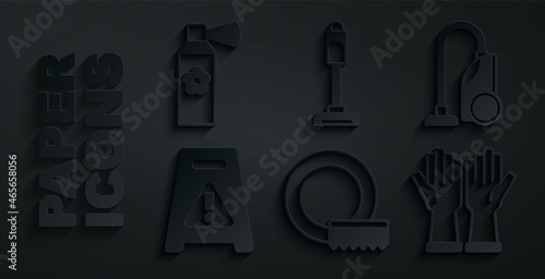 Set Washing dishes, Vacuum cleaner, Wet floor, Rubber gloves, and Air freshener spray bottle icon. Vector