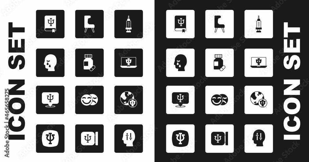 Set Addiction to the drug, Sedative pills, Man graves funeral sorrow, Psychology book, Psi, Psychologist online, Armchair, Psychology, and icon. Vector Set Addiction to the drug, Sedative pills, Man graves funeral sorrow, Psychology book, Psi, Psychologist online, Armchair, Psychology, and icon. Vector