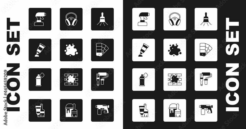 Set Paint brush, spray, Tube with paint palette, gun, Color guide, Gas mask, roller and can icon. Vector Set Paint brush, spray, Tube with paint palette, gun, Color guide, Gas mask, roller and can icon. Vector