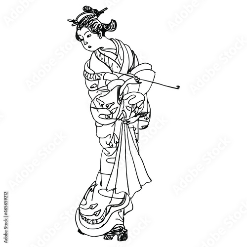 Photography Standing Japanese woman in kimono holding opium pipe