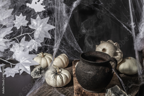 Halloween composition with witch's pot, pumpkins, bat, ghost, spider, and cobwebs