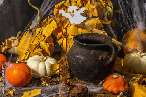 Halloween background. Pumpkins, spiders, cobwebs, bat, ghost. Festive symbols, witch's pot of potions