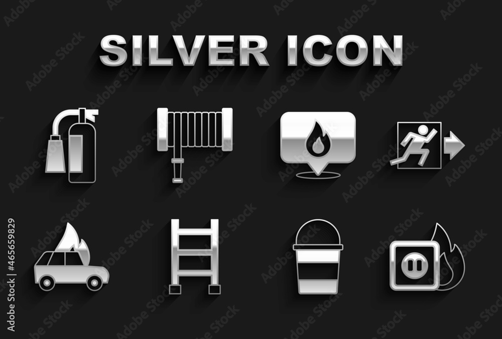Set Fire escape, exit, Electric wiring of socket in fire, bucket, Burning car, Location with flame, extinguisher and hose reel icon. Vector Set Fire escape, exit, Electric wiring of socket in fire, bucket, Burning car, Location with flame, extinguisher and hose reel icon. Vector