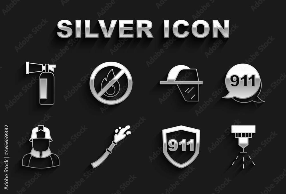Set Fire hose reel, Emergency call 911, sprinkler system, Firefighter, helmet, extinguisher and No fire icon. Vector Set Fire hose reel, Emergency call 911, sprinkler system, Firefighter, helmet, extinguisher and No fire icon. Vector