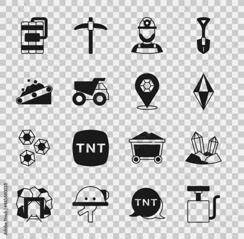 Set Handle detonator, Gem stone, Miner in helmet, Mining dump truck, Conveyor belt carrying coal, Dynamite and icon. Vector