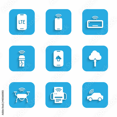 Set Cloud technology data, Smart printer system, car, upload, drone, Usb wireless adapter, Computer keyboard and LTE network icon. Vector