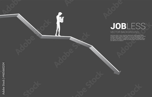 silhouette of losing job man walking to downturn graph. Concept for depression of unemployment people.