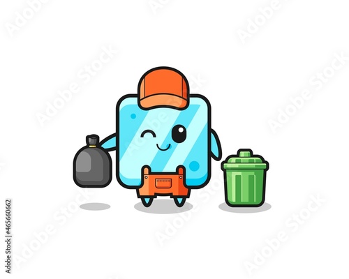 the mascot of cute ice cube as garbage collector
