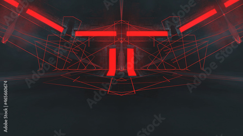 Abstract futuristic dark neon red background. Rays and lines, symmetrical reflection and dark space. Dark night futuristic scene. 3D illustration. 