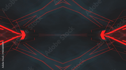 Abstract futuristic dark neon red background. Rays and lines, symmetrical reflection and dark space. Dark night futuristic scene. 3D illustration. 