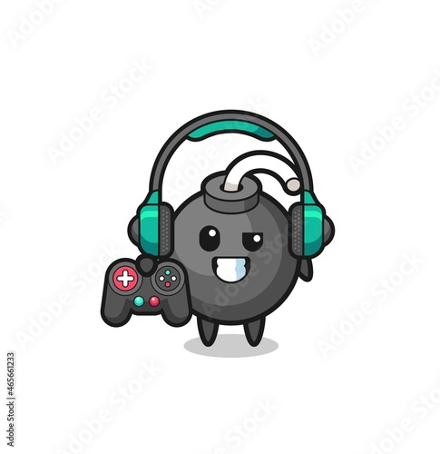 bomb gamer mascot holding a game controller