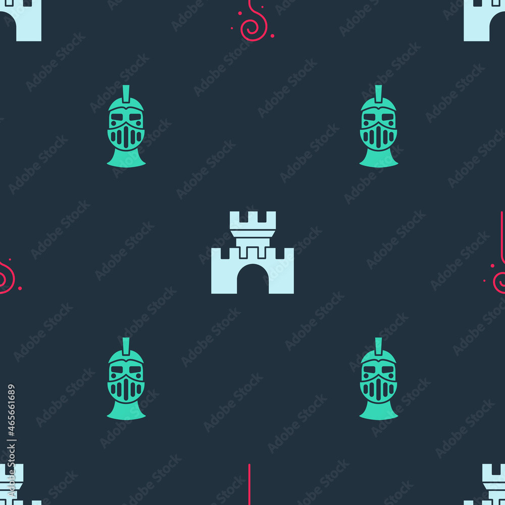 Set Magic staff, Castle, fortress and Medieval iron helmet on seamless pattern. Vector Set Magic staff, Castle, fortress and Medieval iron helmet on seamless pattern. Vector