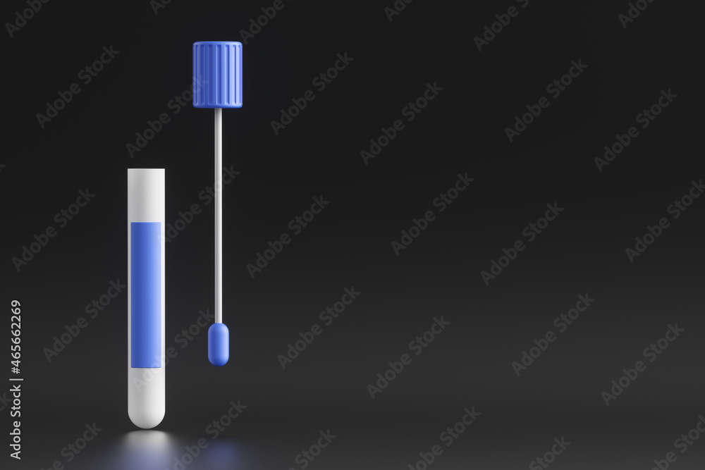Coronavirus COVID-19 pcr test isolated on black background. Blue ampoule with a swab stick in the nose. 3d rendering illustration. Coronavirus COVID-19 pcr test isolated on black background. Blue ampoule with a swab stick in the nose. 3d rendering illustration.