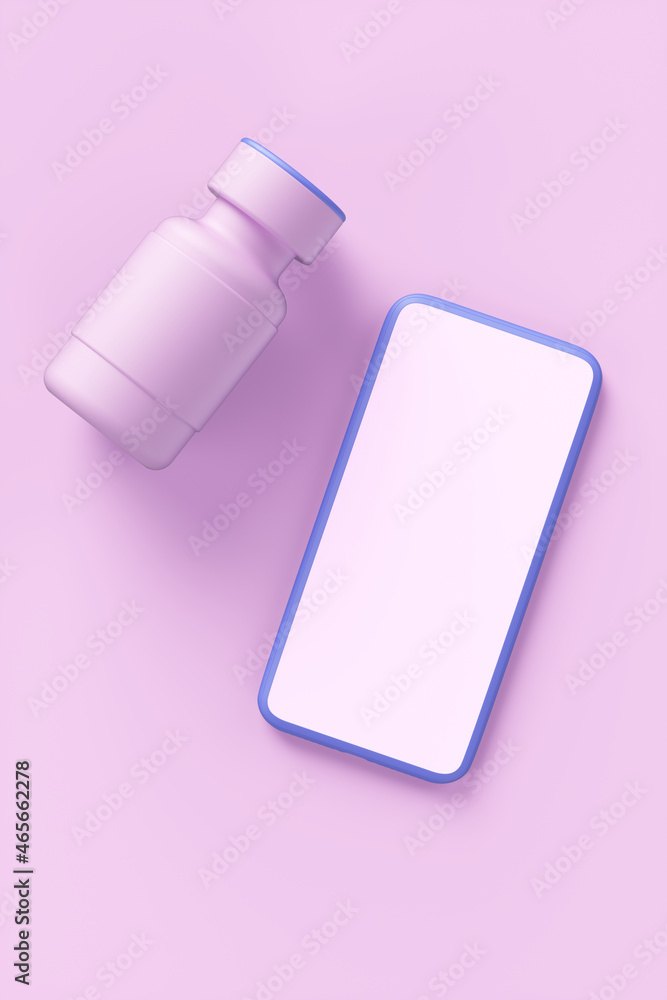 Pink jar of coronavirus vaccine near a smartphone on a pink background. 3d rendering illustration Pink jar of coronavirus vaccine near a smartphone on a pink background. 3d rendering illustration