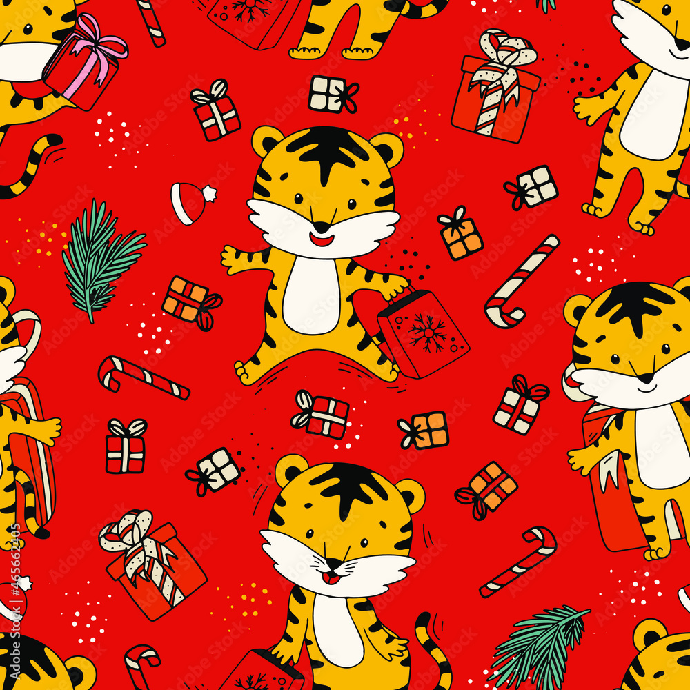 Pattern with cute tiger character with new year elements. Gift, christmas tree, hat, surprise, box.