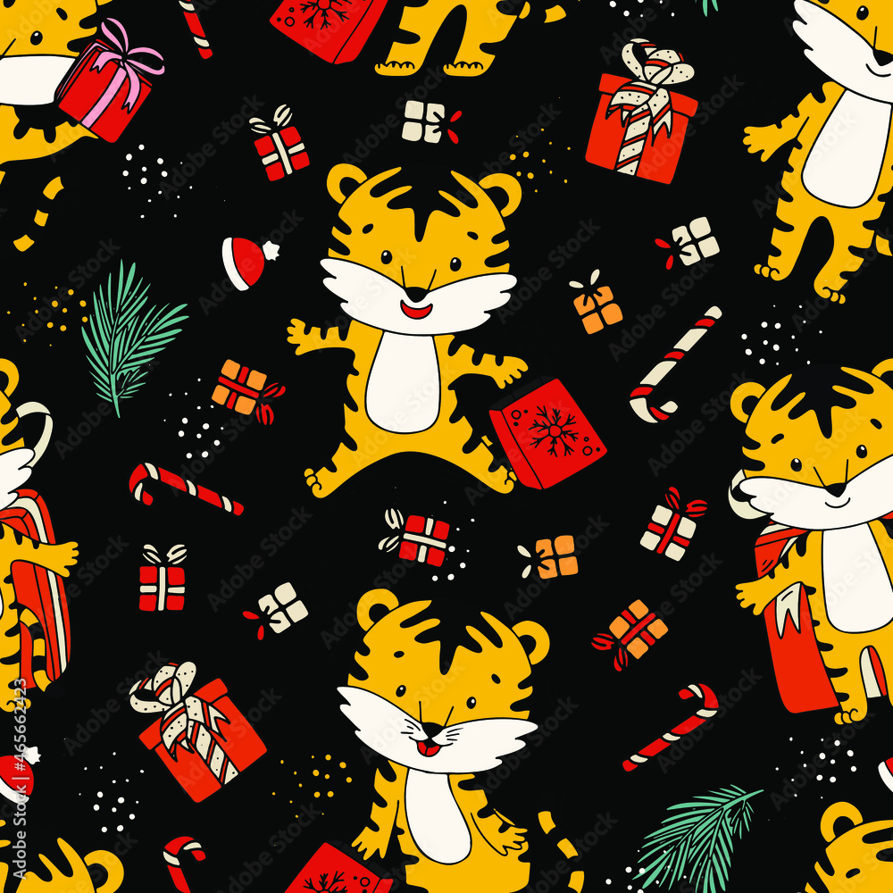 Pattern with cute tiger character with new year elements. Gift, christmas tree, hat, surprise, box. Pattern with cute tiger character with new year elements. Gift, christmas tree, hat, surprise, box.