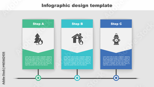 Set Burning forest tree, Fire burning house and hydrant. Business infographic template. Vector