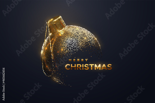 Golden Christmas ball isolated on black background. Merry Christmas banner design.