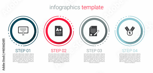 Set Certificate template, Exam sheet with A plus grade, and pencil and Medal. Business infographic template. Vector
