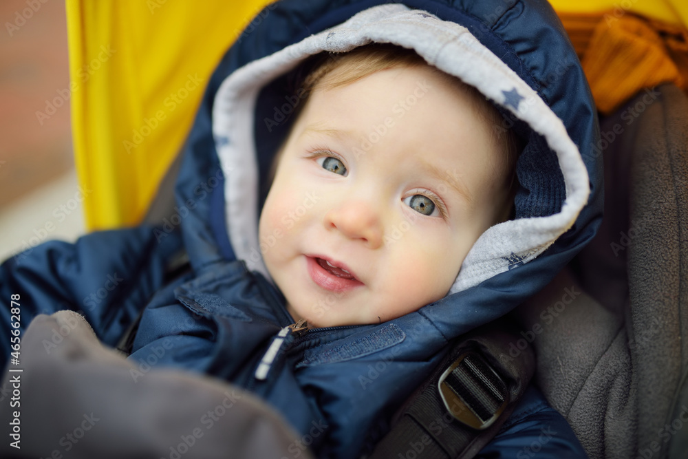 Sweet baby boy wearing warm clothes sitting in a stroller outdoors. Little child in pram. Infant kid in pushchair. Winter walks with kids. Sweet baby boy wearing warm clothes sitting in a stroller outdoors. Little child in pram. Infant kid in pushchair. Winter walks with kids.
