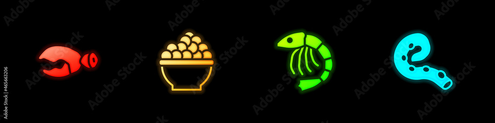 Set Lobster or crab claw, Caviar, Shrimp and Octopus of tentacle icon. Vector Set Lobster or crab claw, Caviar, Shrimp and Octopus of tentacle icon. Vector