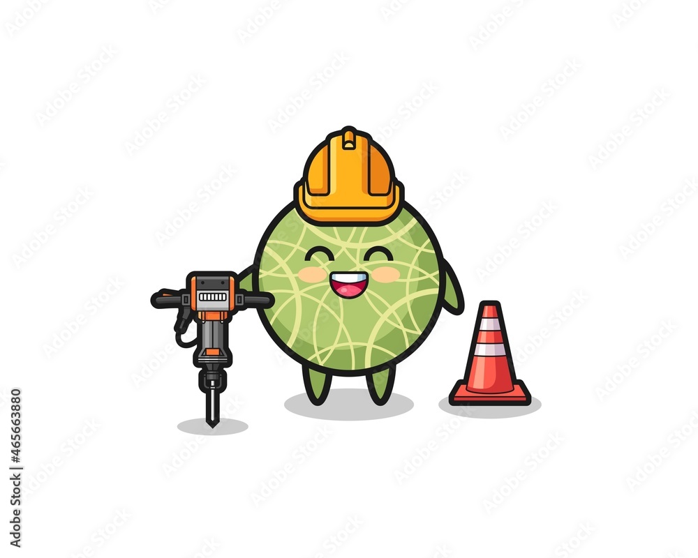 road worker mascot of melon holding drill machine road worker mascot of melon holding drill machine