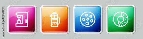 Set line Coffee machine, French press, Cookie or biscuit and Donut with sweet glaze. Colorful square button. Vector