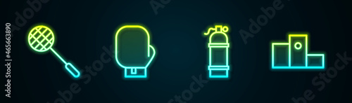 Set line Tennis racket, Boxing glove, Aqualung and Award over sports winner podium. Glowing neon icon. Vector