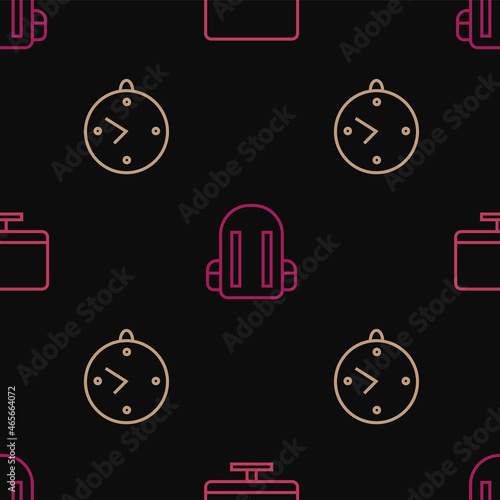 Set line Computer monitor screen, Clock and School backpack on seamless pattern. Vector