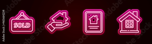 Set line Hanging sign with text Sold, Realtor, Online real estate house and House. Glowing neon icon. Vector