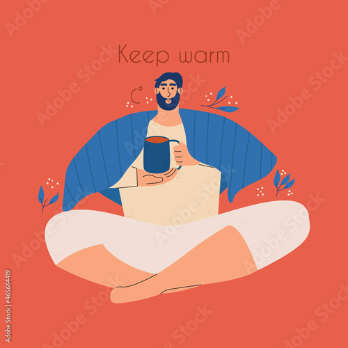 A man sits in a lotus position with a mug of hot chocolate and covered with a warm blanket. Vector illustration hand drawn in flat style