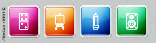 Set line Domino, Easel or painting art boards, Pencil with eraser and Stereo speaker. Colorful square button. Vector